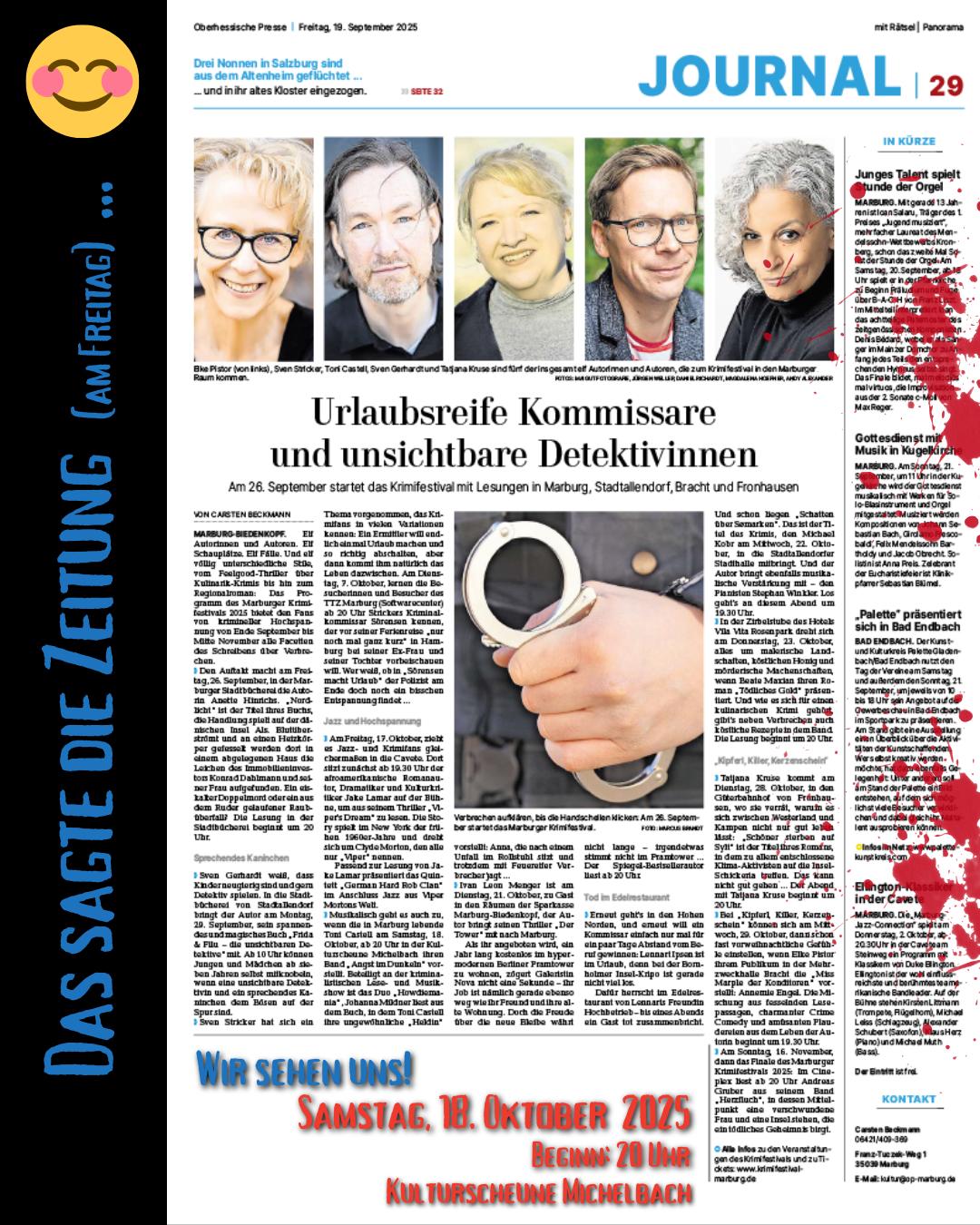 #AnnaundDobbs beim @krimifestival_marburg. Ich lese diesmal gemeinsam mit der Schauspielerin Johanna Mildner. Mit dabei sind wieder HowdieMania.
Wie Ihr an Karten fürs Festival kommt? Webseite des Krimifestival Marburg. Oder auf toni-castell.de > aktuell.
Danke, @opmarburg!
#Krimi #TeamMarburg #TatortMarburg #AngstimDunkeln #ToniCastell #MarburgKrimi