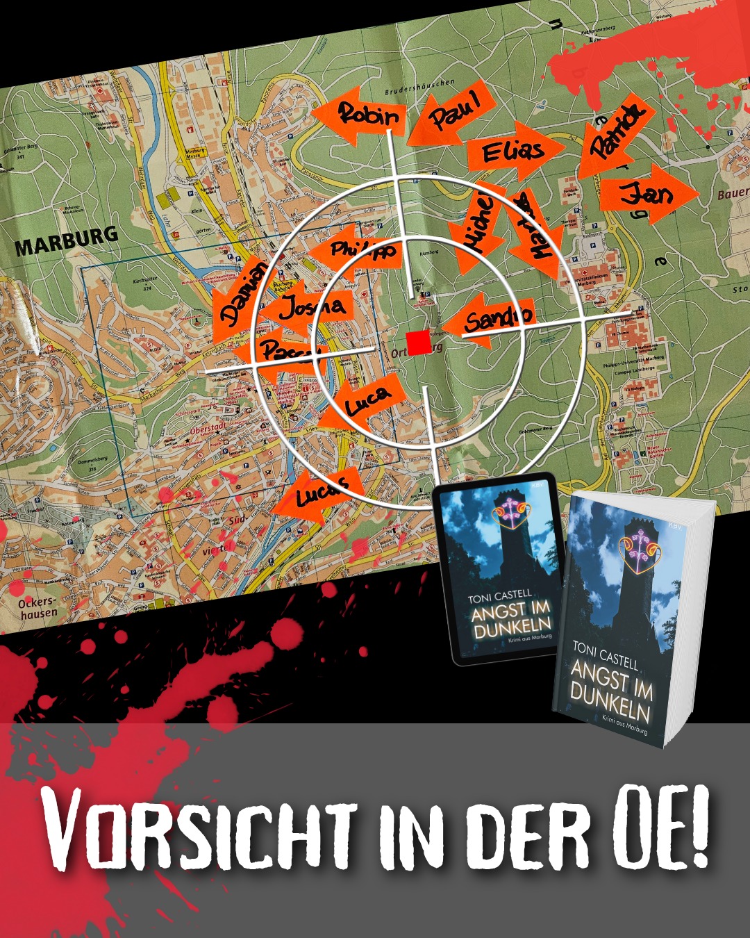 Nackte Kerle auf meiner Motorhaube und orientierungssuchende Studis, die betrunken Purzelbäume den Steinweg runter machen ... beides bereits in der OE erlebt.
In der Woche vor dem ersten Semester geht es hoch her im sonst eher beschaulichen Marburg. Es ist OE, die Orientierungseinheit-Woche an der Uni. 
Doch Vorsicht, liebe (männliche) Erstis! Ich habe gelesen, dass ihr aktuell seeehr gefragt seid. (Und das nicht auf die gute Art und Weise.)
Mehr? #AngstimDunkeln 
#AnnaundDobbs #Krimi #TatortMarburg 
#nevernotwriting #bookstagram #instabooks #instacrime #crimegram