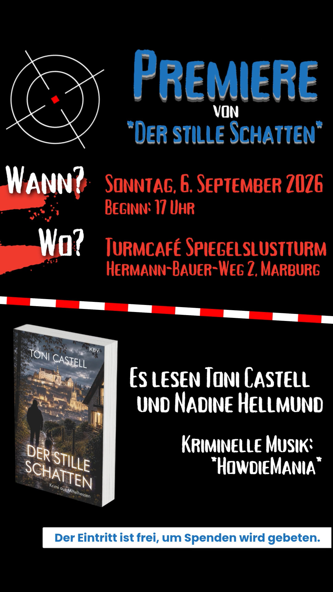 Einladung zu Kaffee, Kuchen und Krimi. Save the date!
PREMIERENLESUNG von *Der stille Schatten*

Wann: Sonntag, 6. September, 17 Uhr
Wo: im Turmcafé (Spiegelslustturm)

Der Eintritt ist frei, um Spenden wird gebeten.
#AnnaundDobbs #DerstilleSchatten #TeamMarburg #TatortMittelhessen
