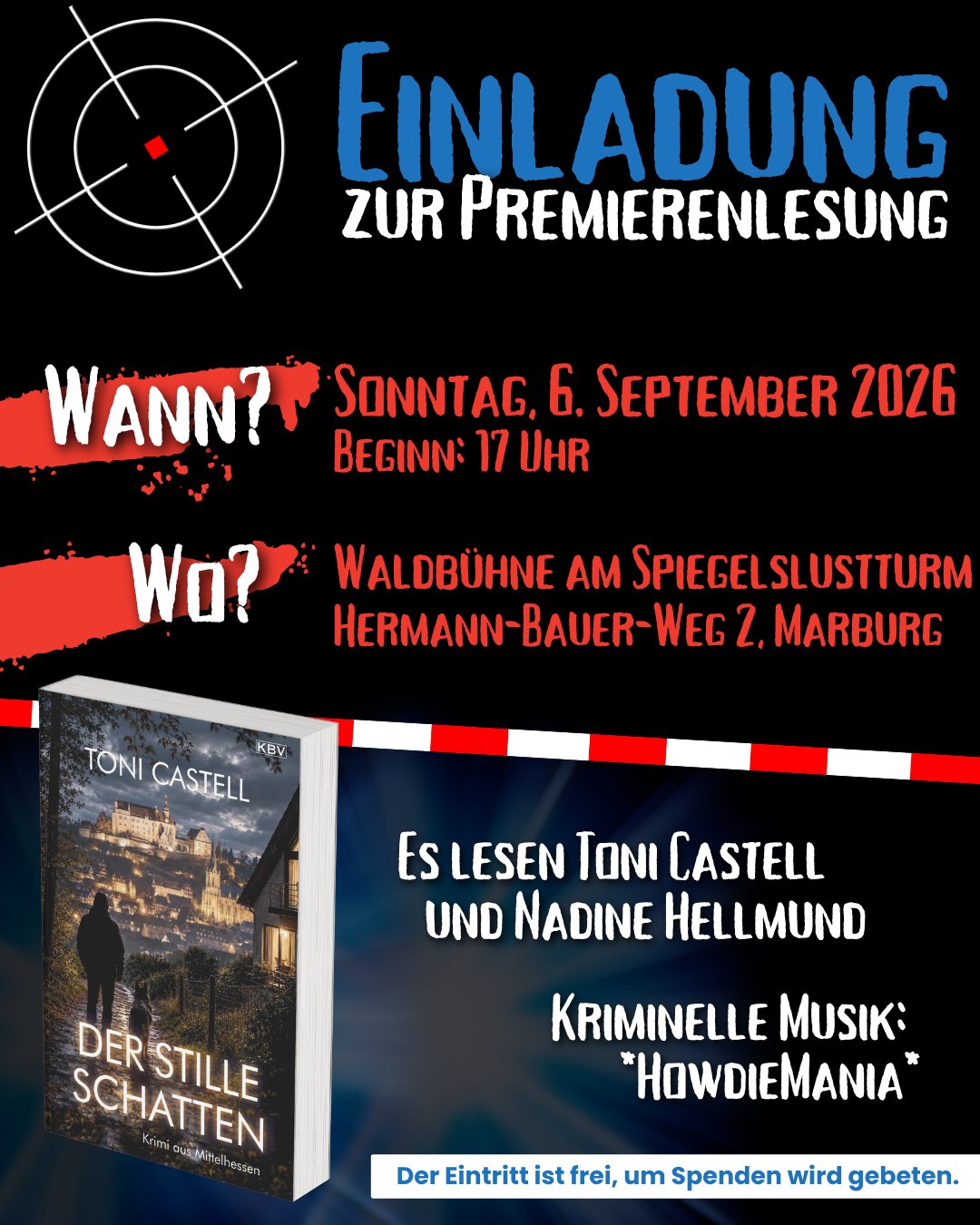 Noch zwei Wochen, dann gibt es 𝐊𝐫𝐢𝐦𝐢 𝐰𝐢𝐭𝐡 𝐚 𝐯𝐢𝐞𝐰!

Unter uns die Stadt und das Schloss, neben uns der Spiegelslustturm. Ich freue mich, Euch dort zu sehen (und Euch "Der stille Schatten" vorzustellen)!

Termin: Sonntag, 6. September 2026, 17:00 Uhr
Ort: Waldbühne am Spiegelslusturm

(Und das Buch gibt es dort selbstverständlich auch zu kaufen - druckfrisch sogar! 📖)

#AnnaundDobbs auf Tour 
#DerstilleSchatten 
#TeamMarburg 
#tatortmittelhessen