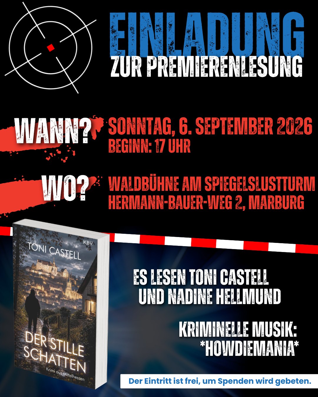 Für Kurzentschlossene:
Wir freuen uns, Euch dort "Der stille Schatten" vorzustellen!

Termin: Sonntag, 6. September 2026, 17:00 Uhr
Ort: Waldbühne am Spiegelslusturm

#AnnaundDobbs auf Tour #DerstilleSchatten #TeamMarburg #tatortmittelhessen 
Dank @buchhandlungroterstern kommen die druckfrischen Bücher sogar pünktlich den Berg hoch. Danke dafür! ✨